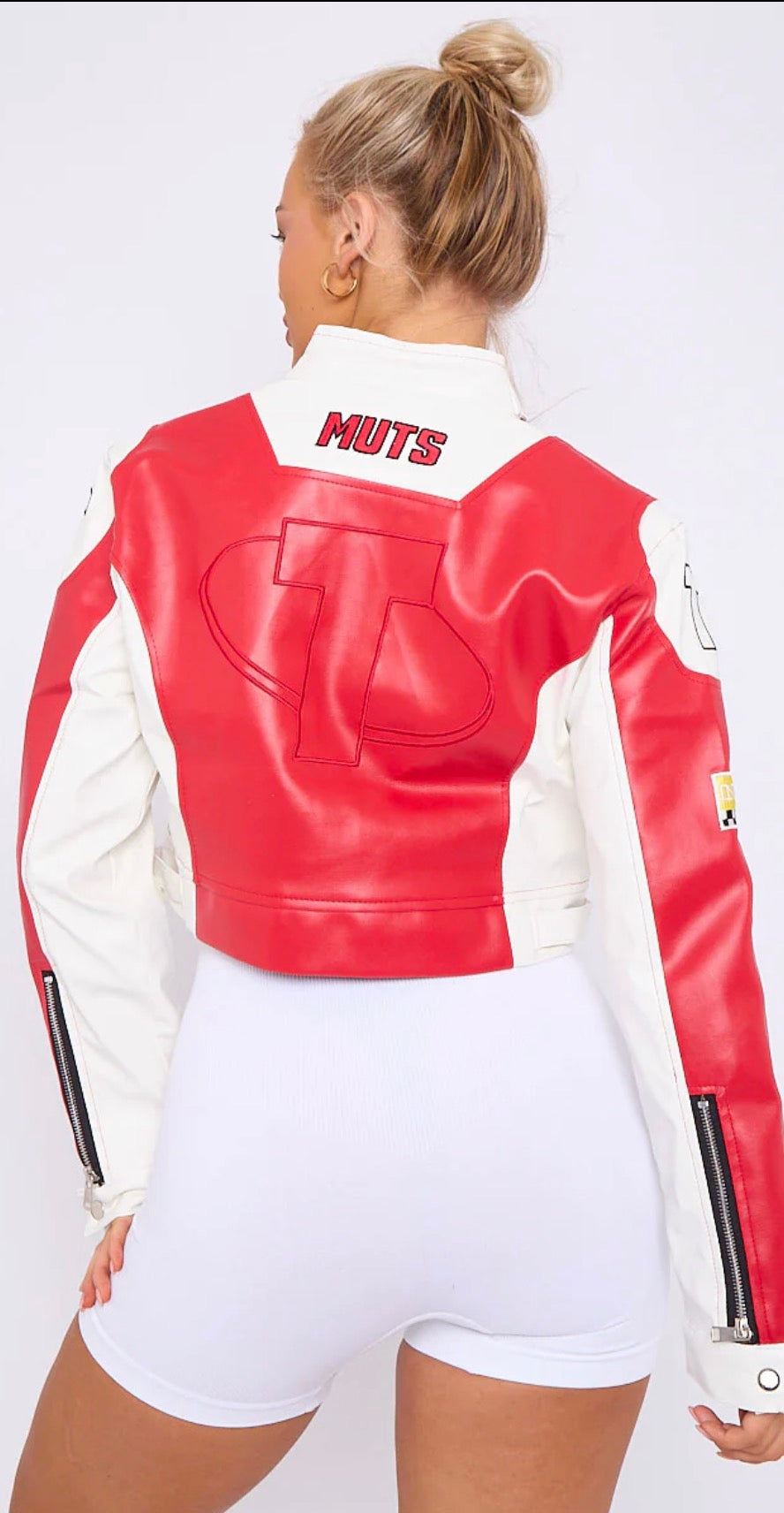 COLOUR BLOCK EMBROIDERED VINTAGE PU BIKER JACKET