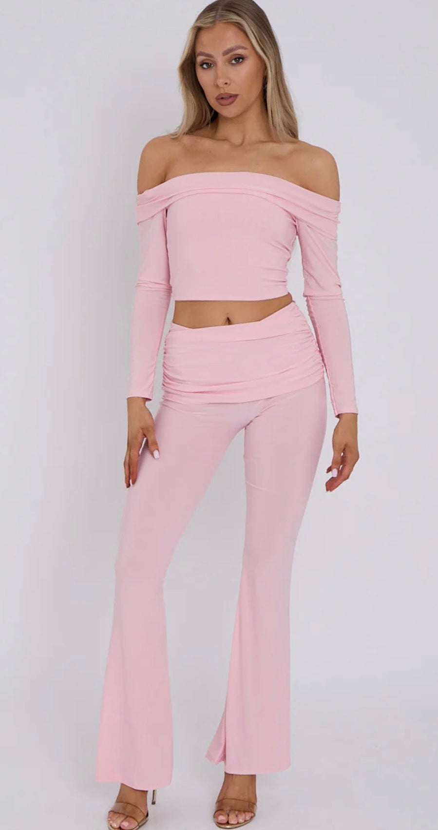 SLINKY BARDOT CROP TOP & FOLD OVER FLARED TROUSER CO-ORD