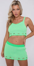 STRIPED DISTRESSED HEM KNITTED CROP TOP & SKIRT CO-ORD