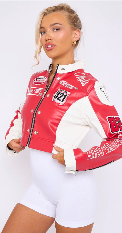 COLOUR BLOCK EMBROIDERED VINTAGE PU BIKER JACKET